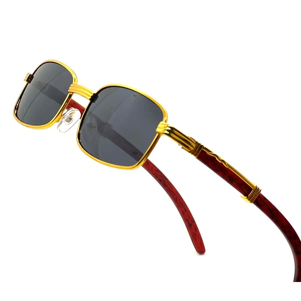 Men's Gold Frame Sunglasses Square Dark Lenses Red Wood Accent Sophisticated New